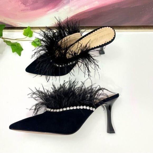 Antonio Melani x Nicola Bathie Liz Ostrich Feathers Rhinestone Suede Dress Mules - Picture 8 of 14